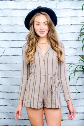 Long Sleeve Button Dwn Self Tie Waist Romper (CARLA)