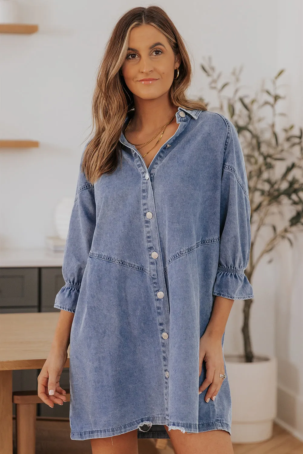 Long Sleeve Denim Mini Dress With Button