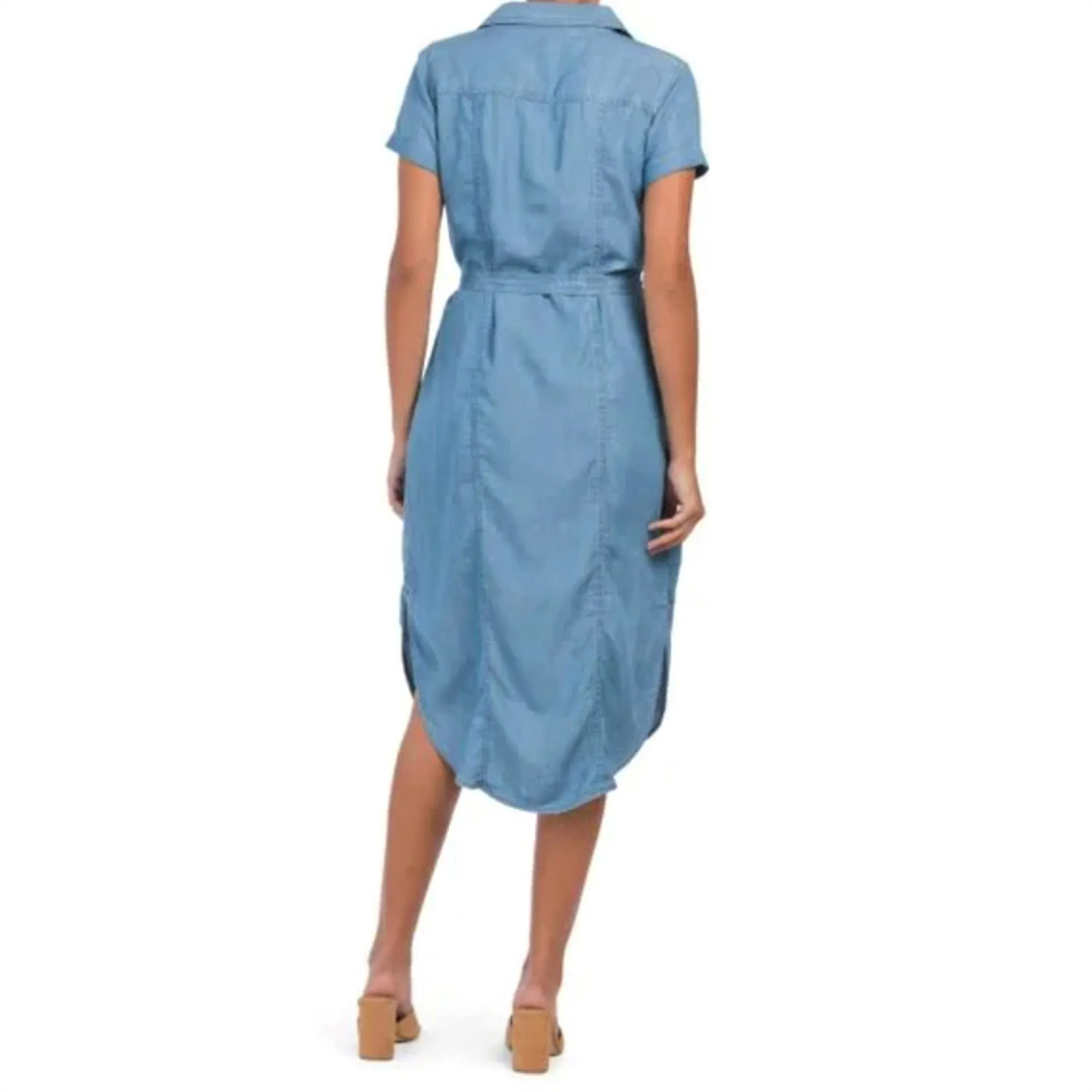 Lucky Brand Chambray Short Sleeve Curved Tail Hem Denim Midi Shirt Dress