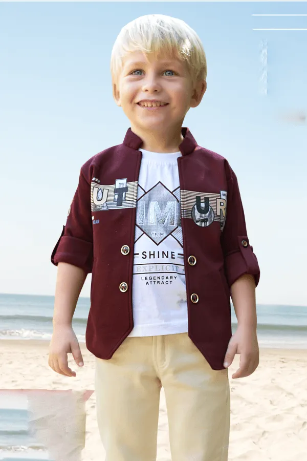 Maroon Waist Coat with White T-Shirt and Sandal Pant Set for Boys