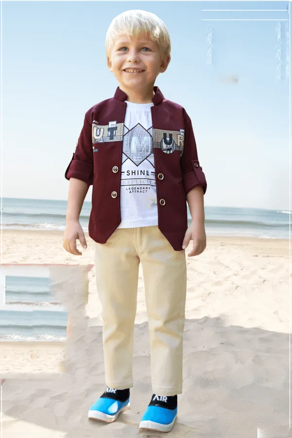 Maroon Waist Coat with White T-Shirt and Sandal Pant Set for Boys