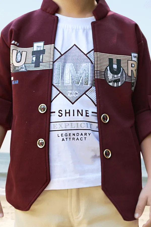 Maroon Waist Coat with White T-Shirt and Sandal Pant Set for Boys