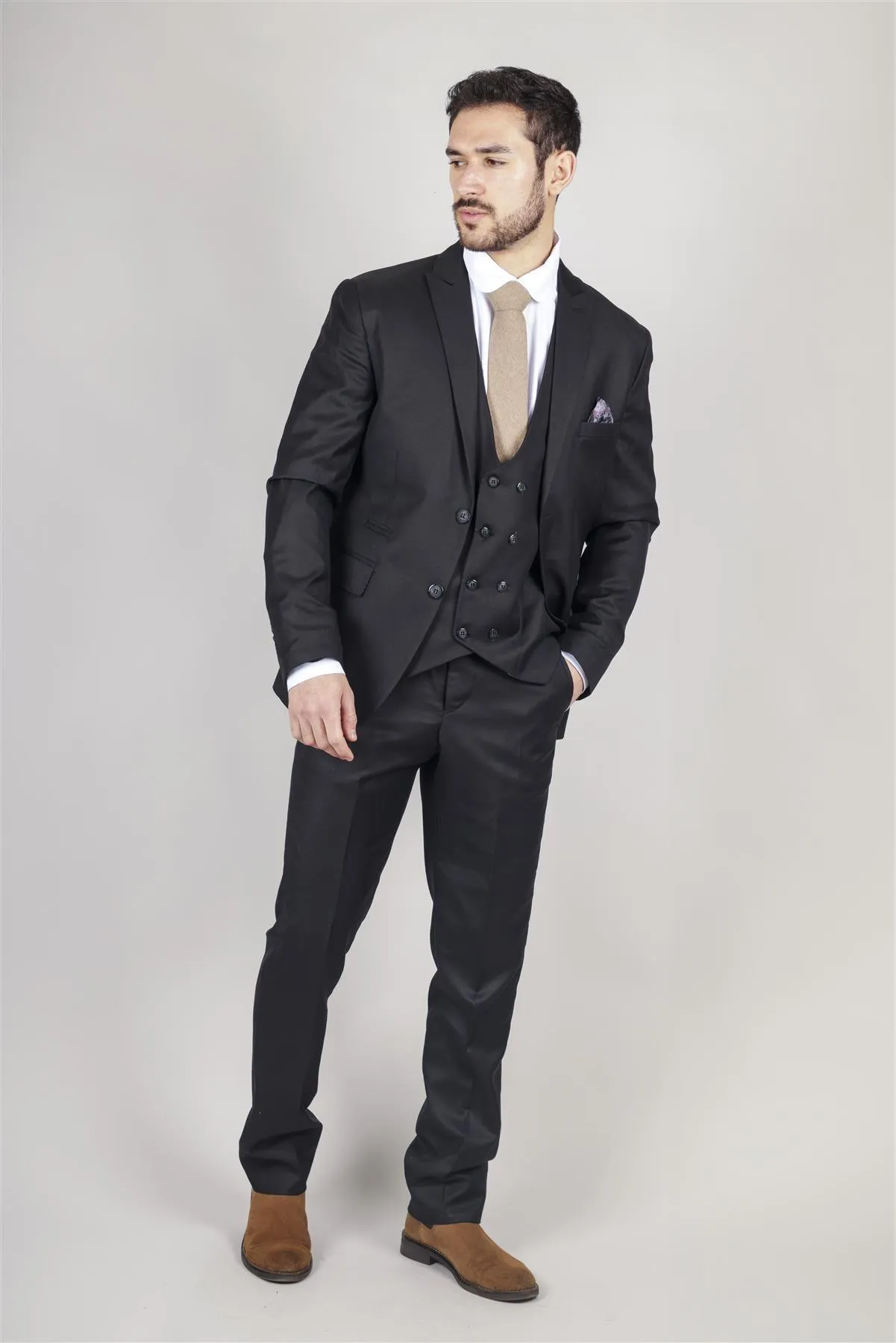 Men's Black Suit Double Breasted 3 Piece Formal Dress