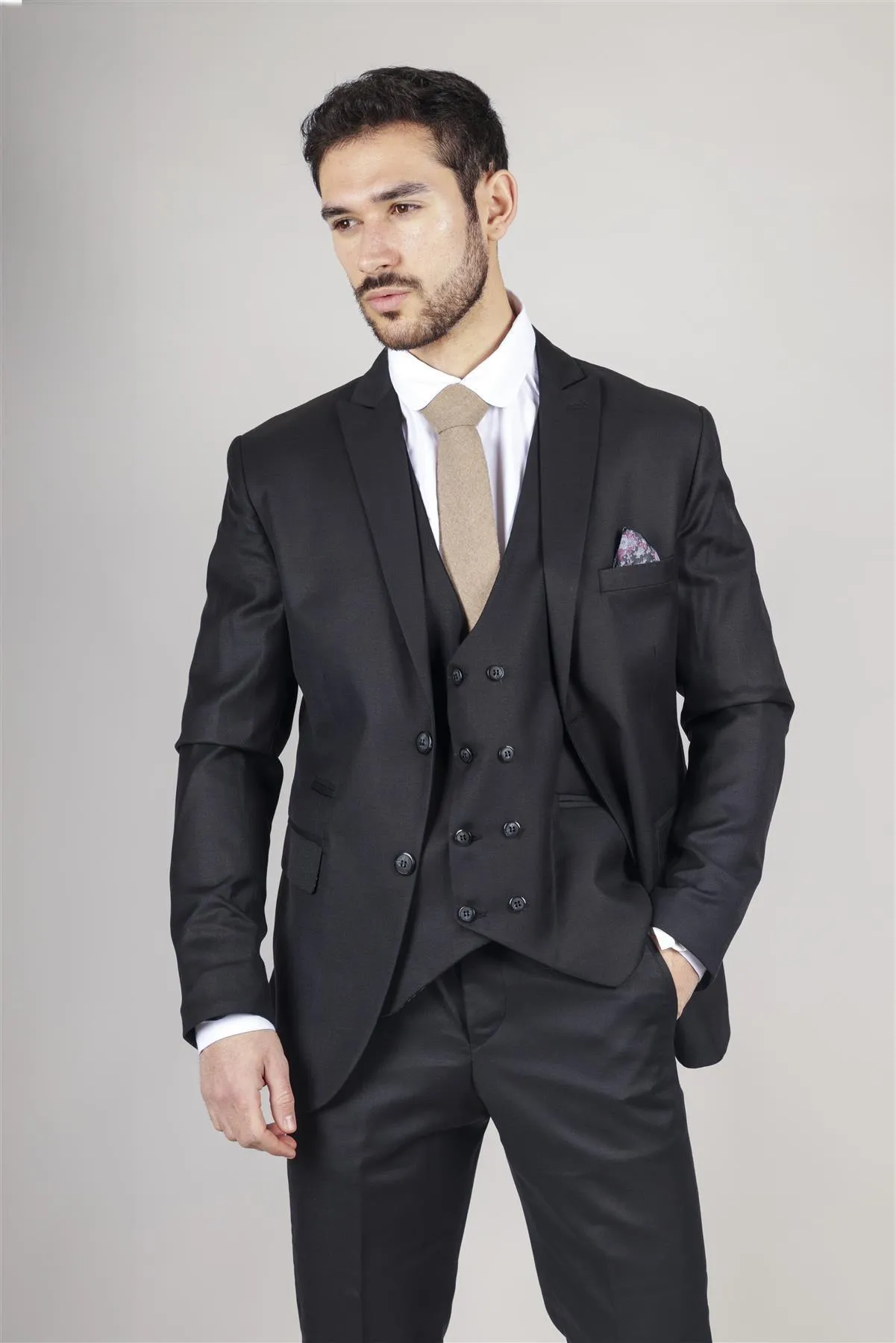 Men's Black Suit Double Breasted 3 Piece Formal Dress