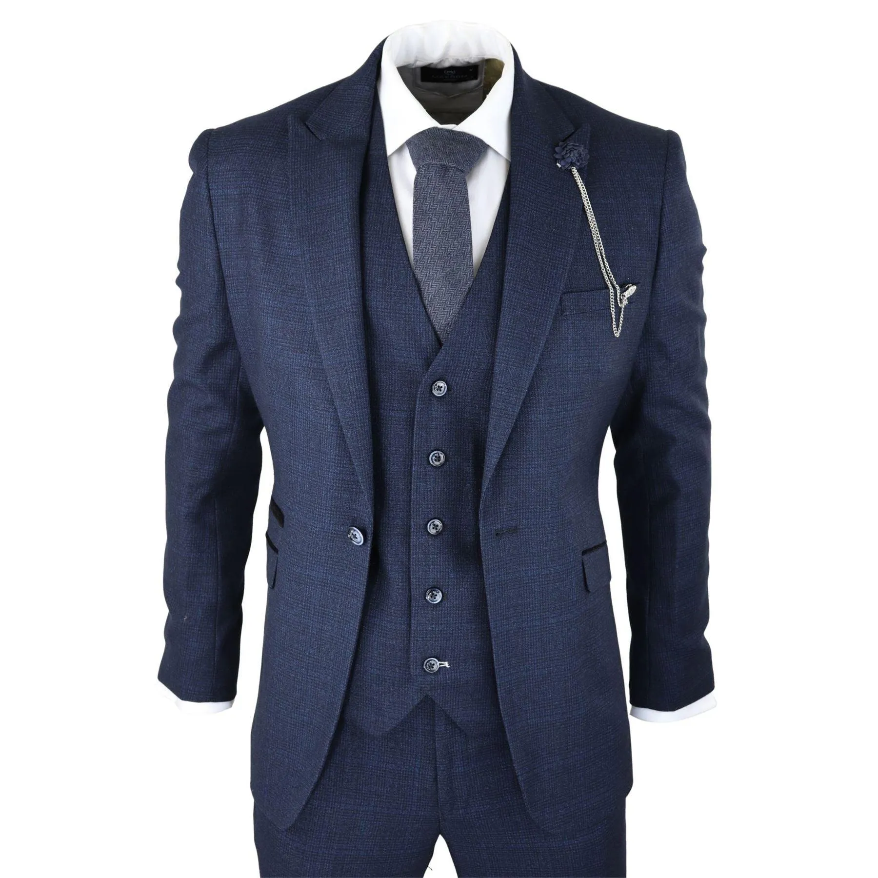 Mens Herringbone Tweed Navy Blue Check 3 Piece Vintage Suit Tan