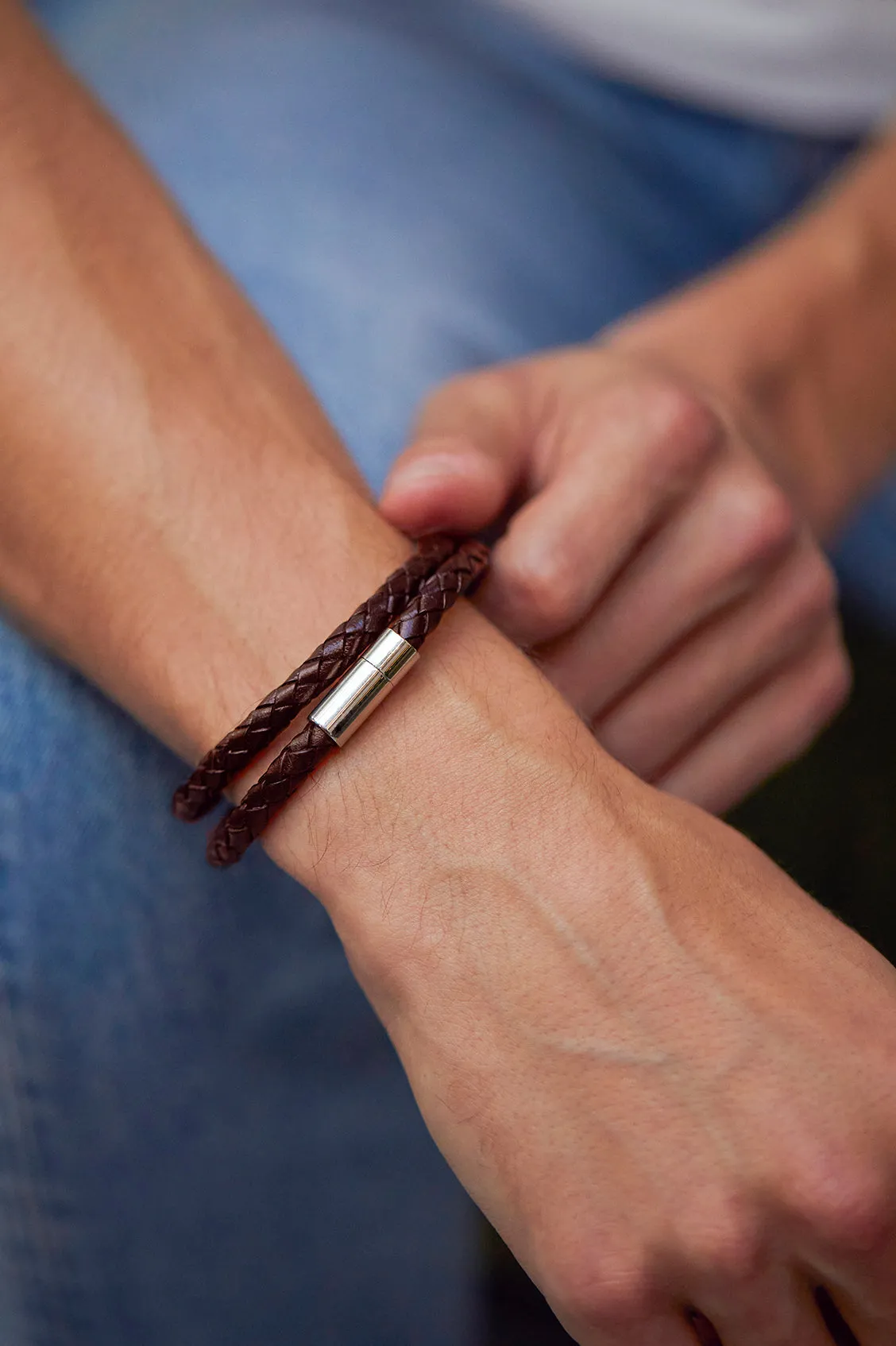 Mens Leather Double Plaited Bracelet