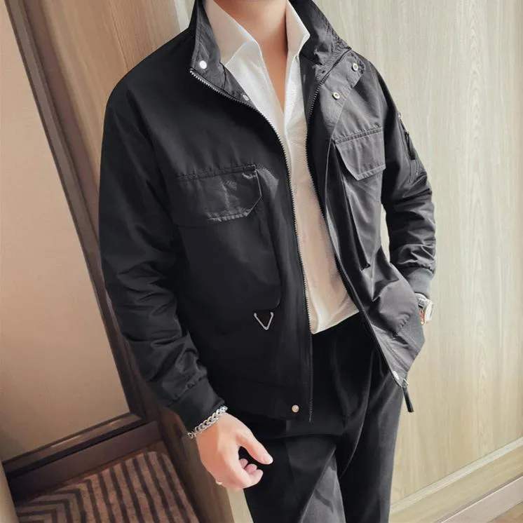 Men's Stand Collar Jacket – Casual Business Coat with Large Pockets and Zipper for Streetwear