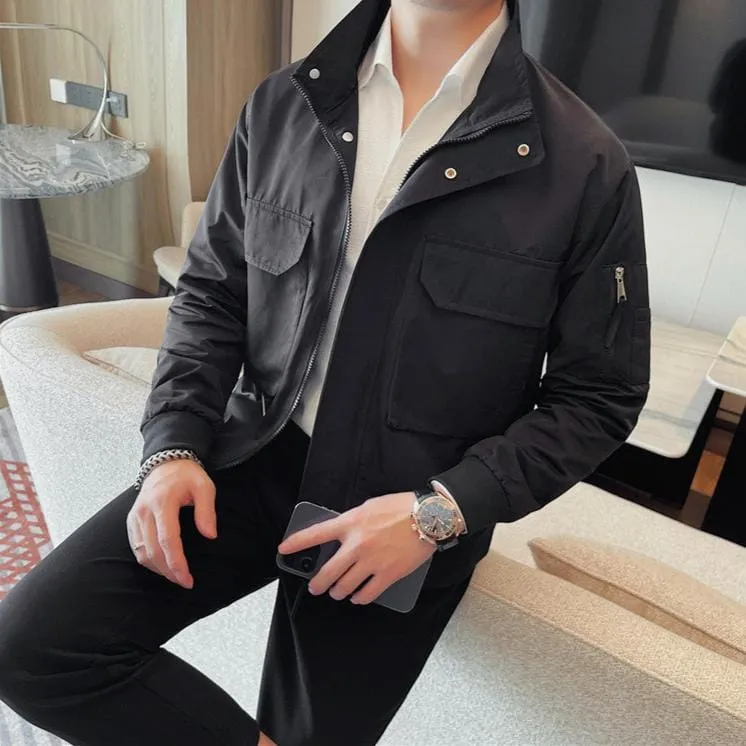 Men's Stand Collar Jacket – Casual Business Coat with Large Pockets and Zipper for Streetwear