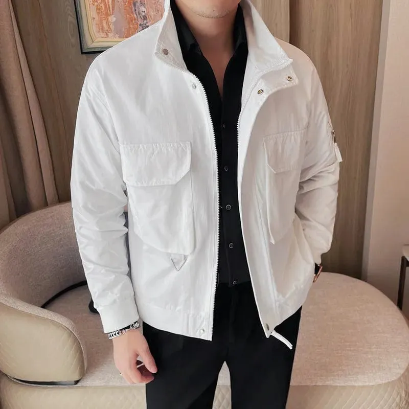 Men's Stand Collar Jacket – Casual Business Coat with Large Pockets and Zipper for Streetwear