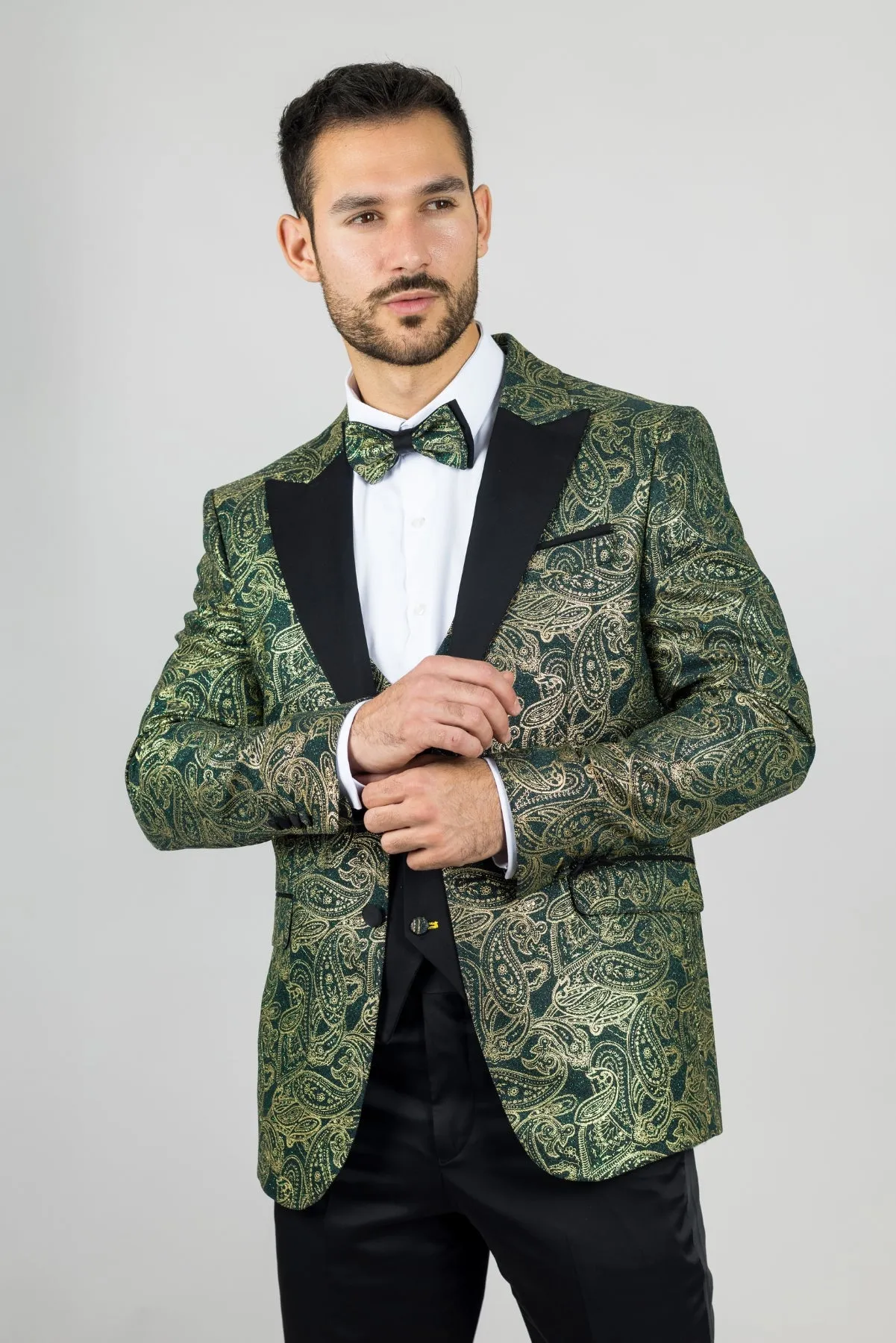 Men's Suit 3 Piece Green Paisley Tailored Fit Wedding Tuxedo