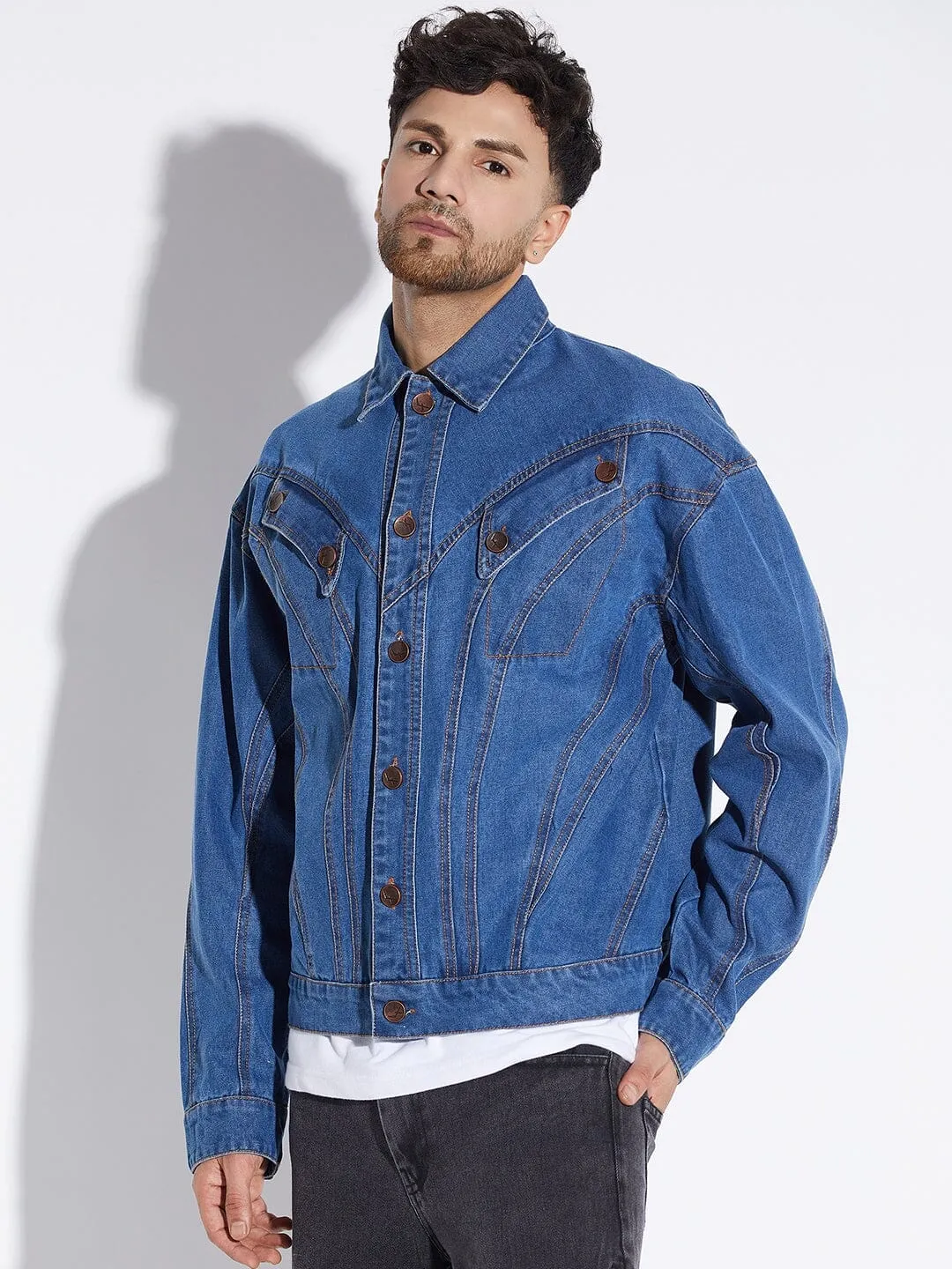 Mid Wash Wavy Panelled Oversized Denim Jacket