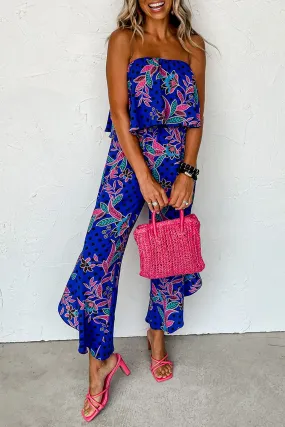 Mix Tropical Print Strapless Ruffled Jumpsuit