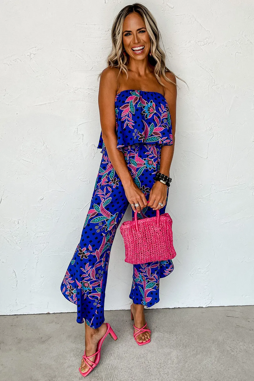 Mix Tropical Print Strapless Ruffled Jumpsuit