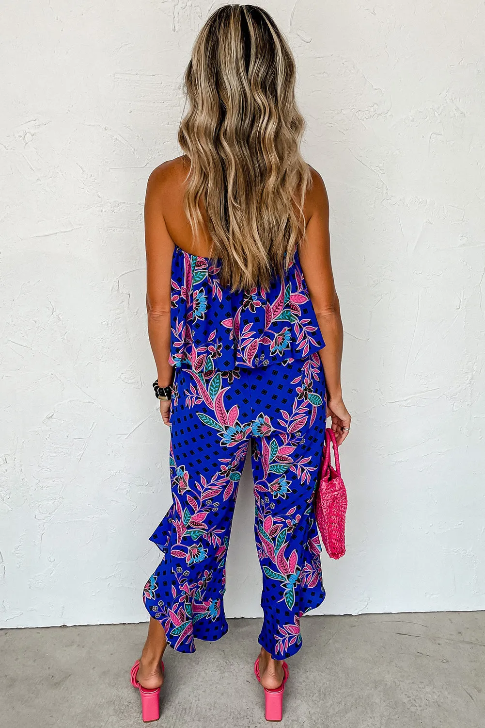 Mix Tropical Print Strapless Ruffled Jumpsuit