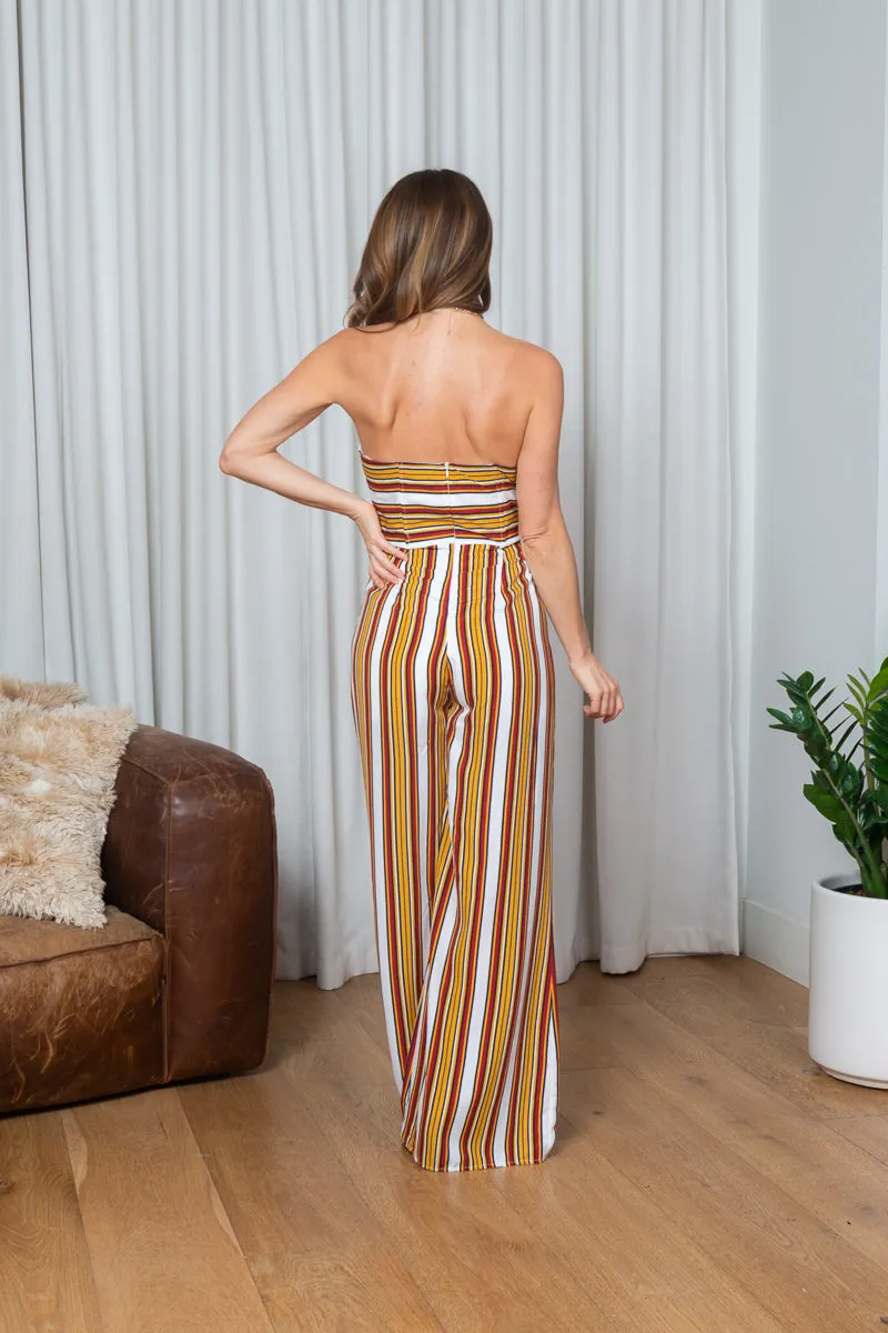 Multi Color Stripe Strapless Jumpsuit in Mustard & Burgundy (185956)