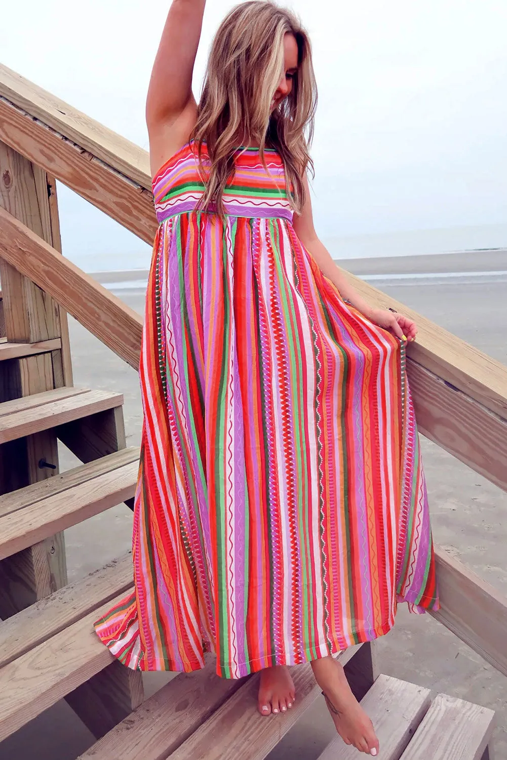 Multicolour Striped Thin Straps Smocked Back Boho Maxi Dress