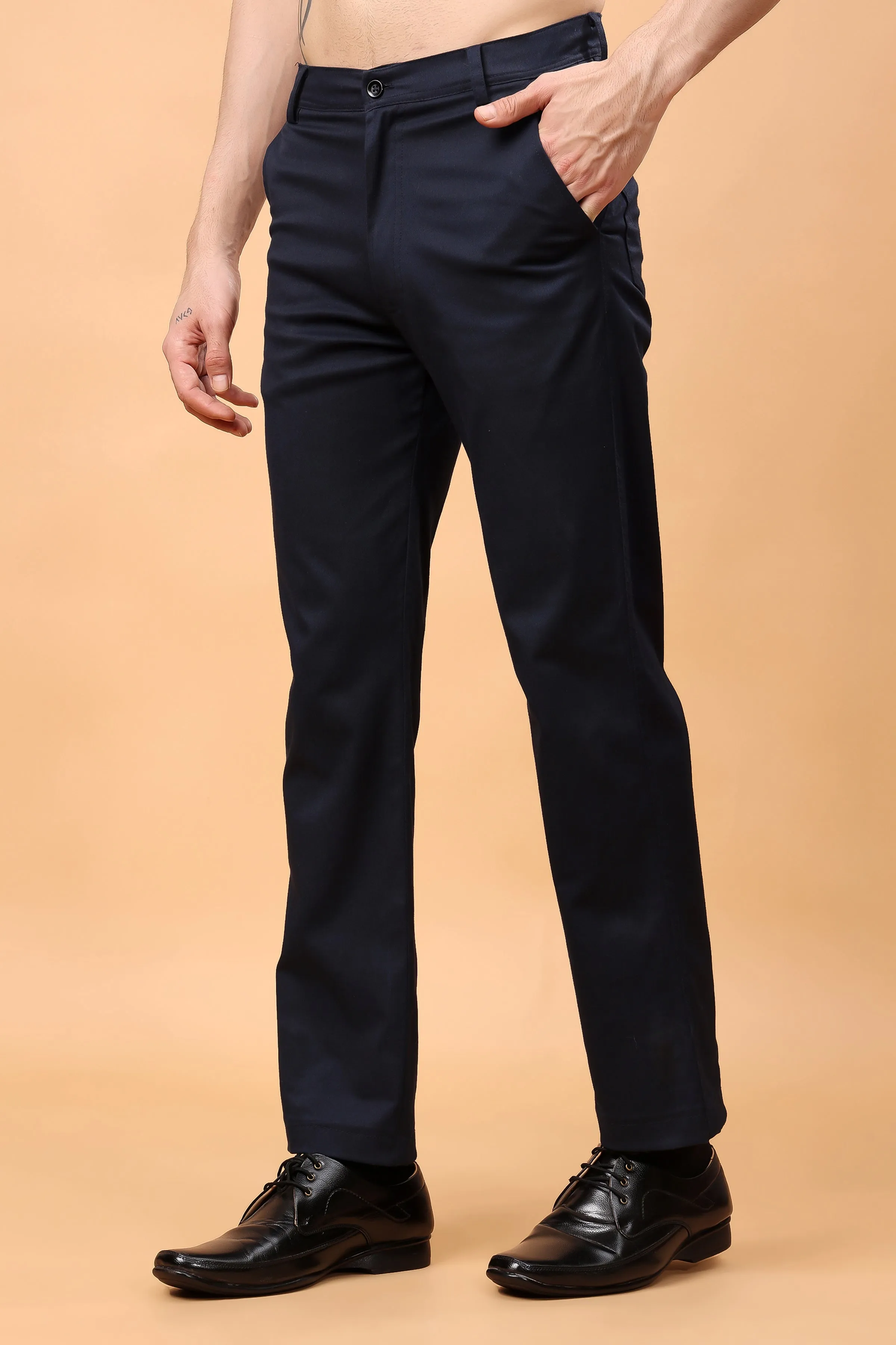 Navy Blue Textured Stretch Trousers