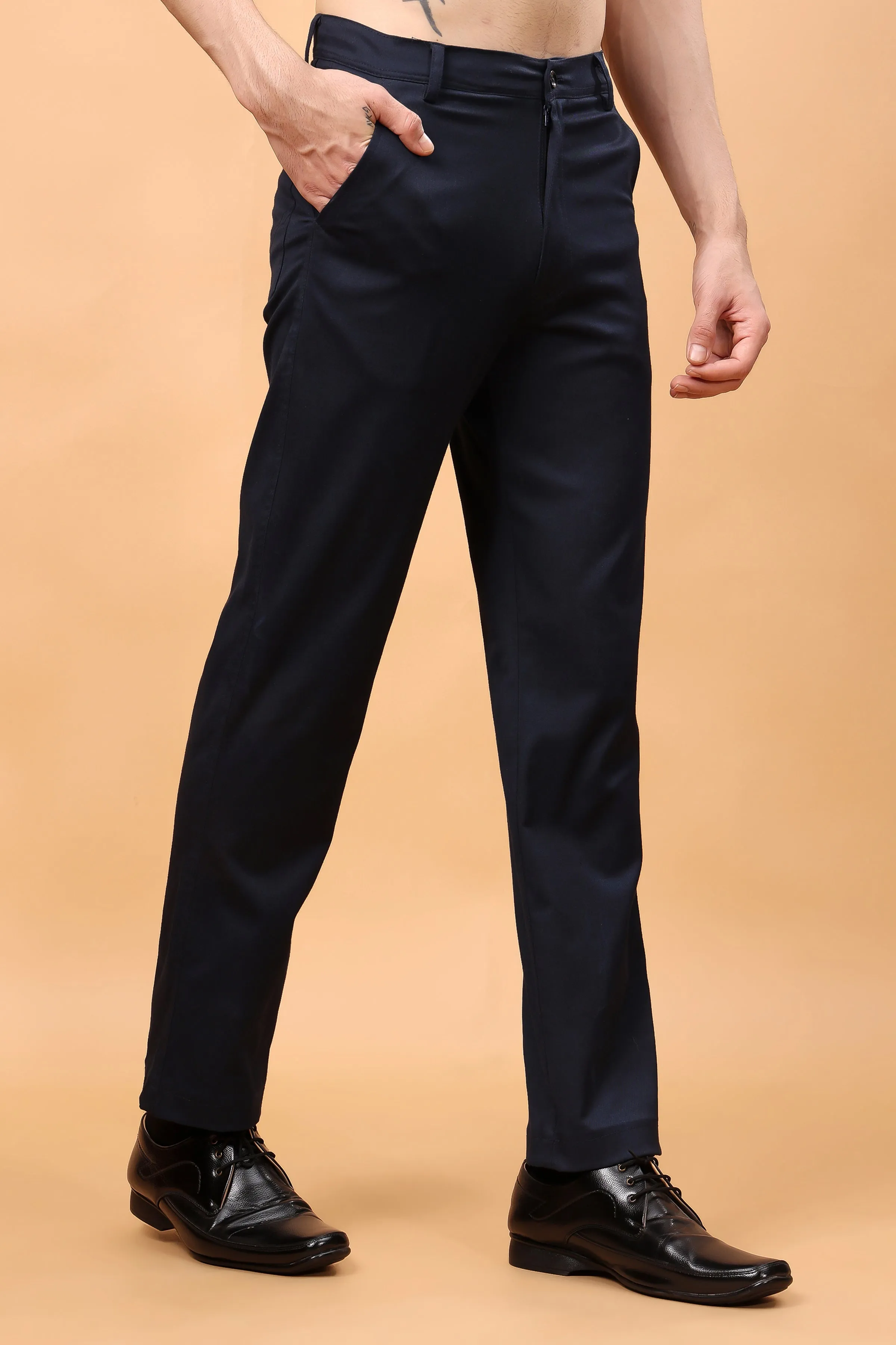 Navy Blue Textured Stretch Trousers