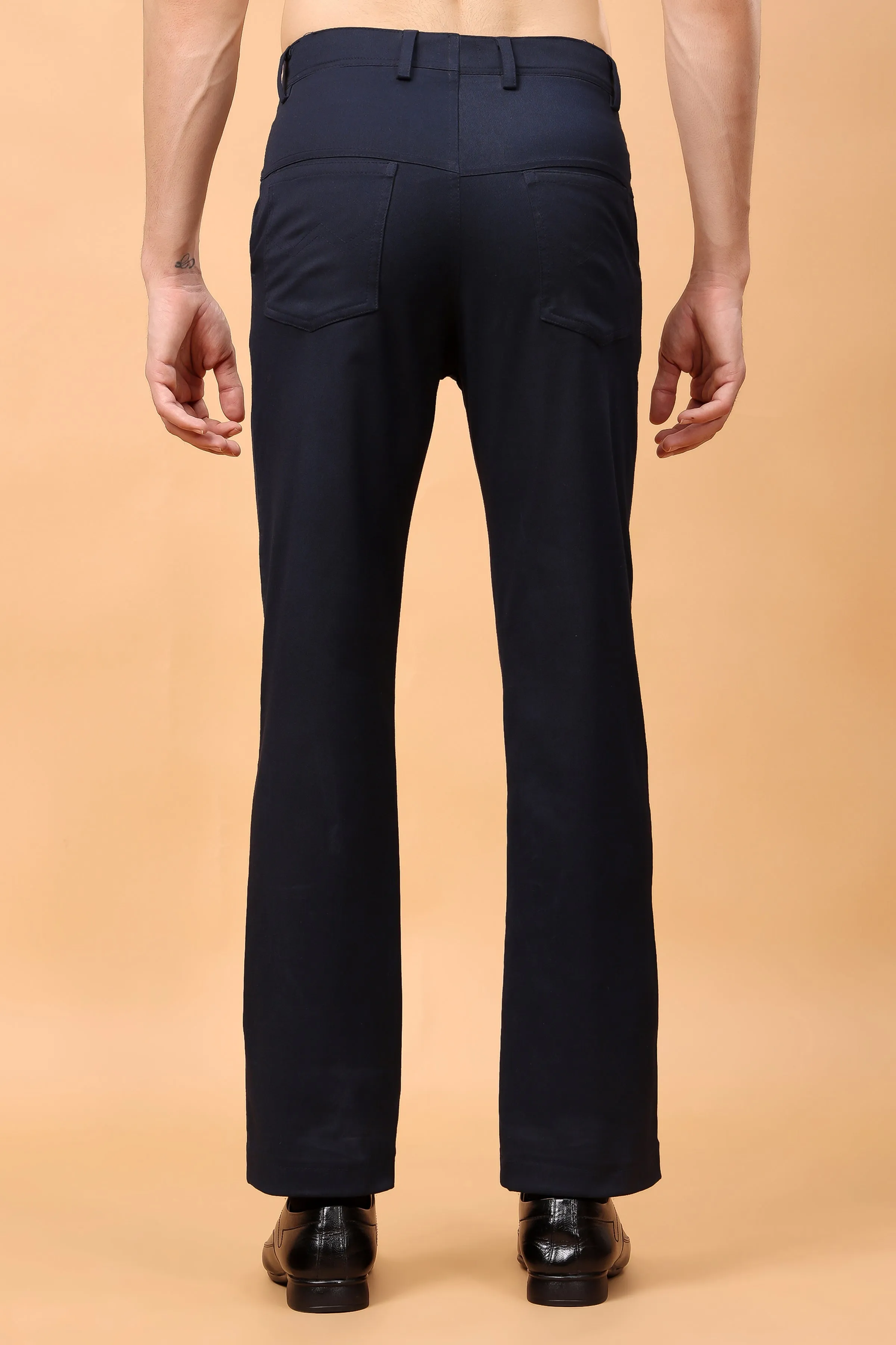 Navy Blue Textured Stretch Trousers