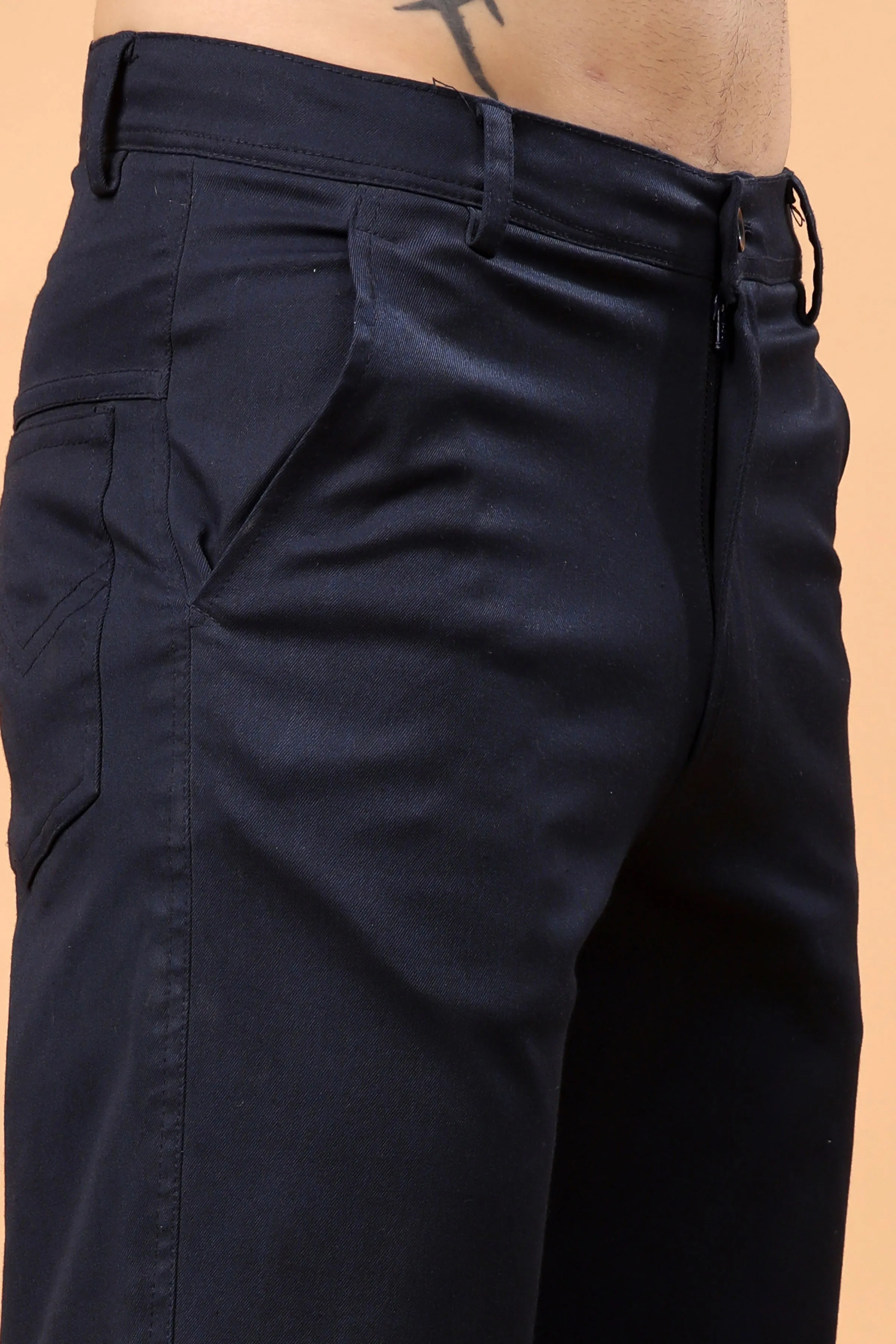 Navy Blue Textured Stretch Trousers