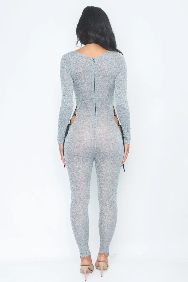 Open Hips Round Neck Jumpsuit Zipper Back* (P3603)