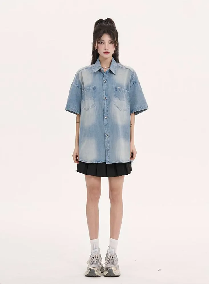 Oversized Faded Denim Button Top