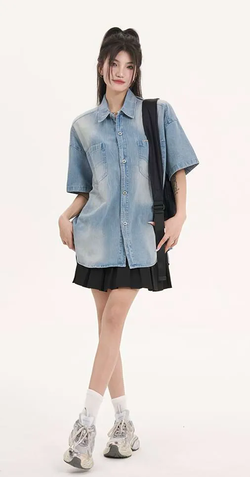 Oversized Faded Denim Button Top