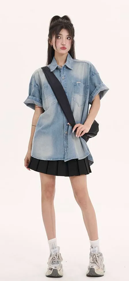 Oversized Faded Denim Button Top