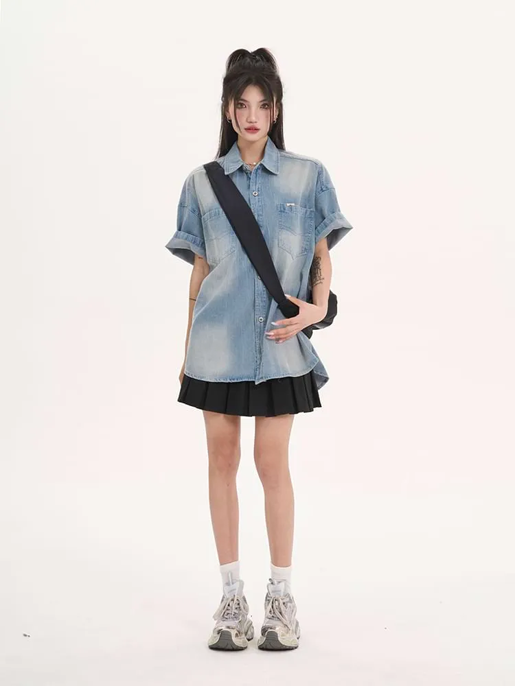 Oversized Faded Denim Button Top