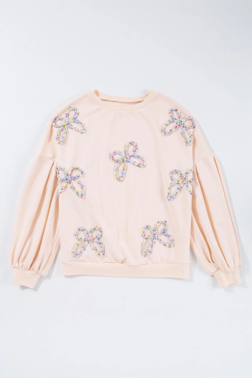 Parchment Embroidered Bow Lantern Sleeve Oversized Pullover Sweatshirt