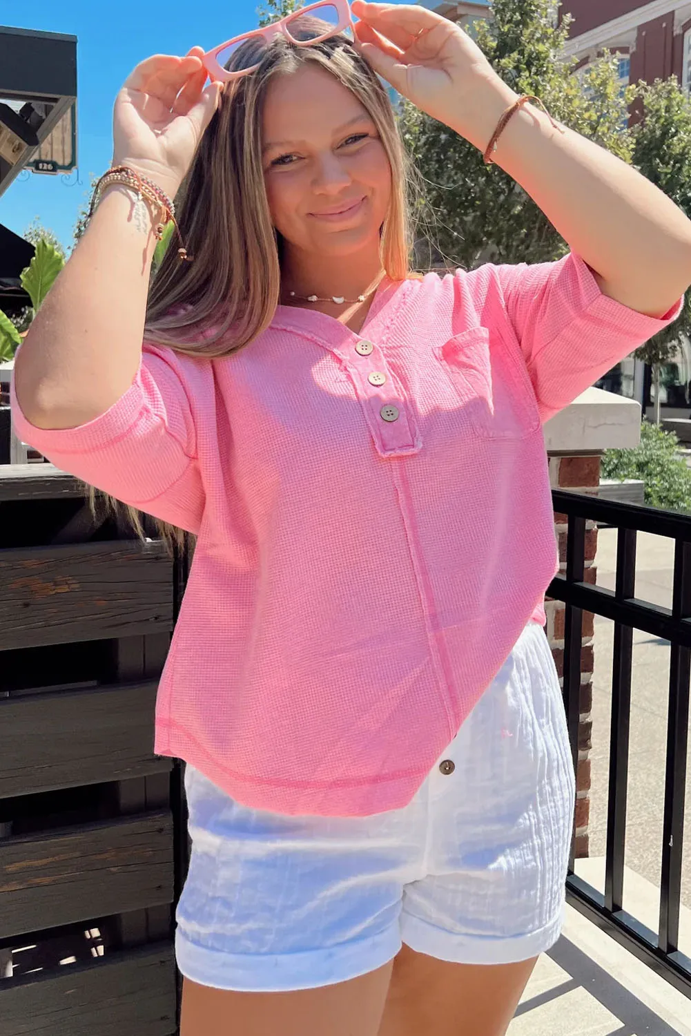 Pink Plus Size Waffle Knit Exposed Seam V Neck Henley Tee