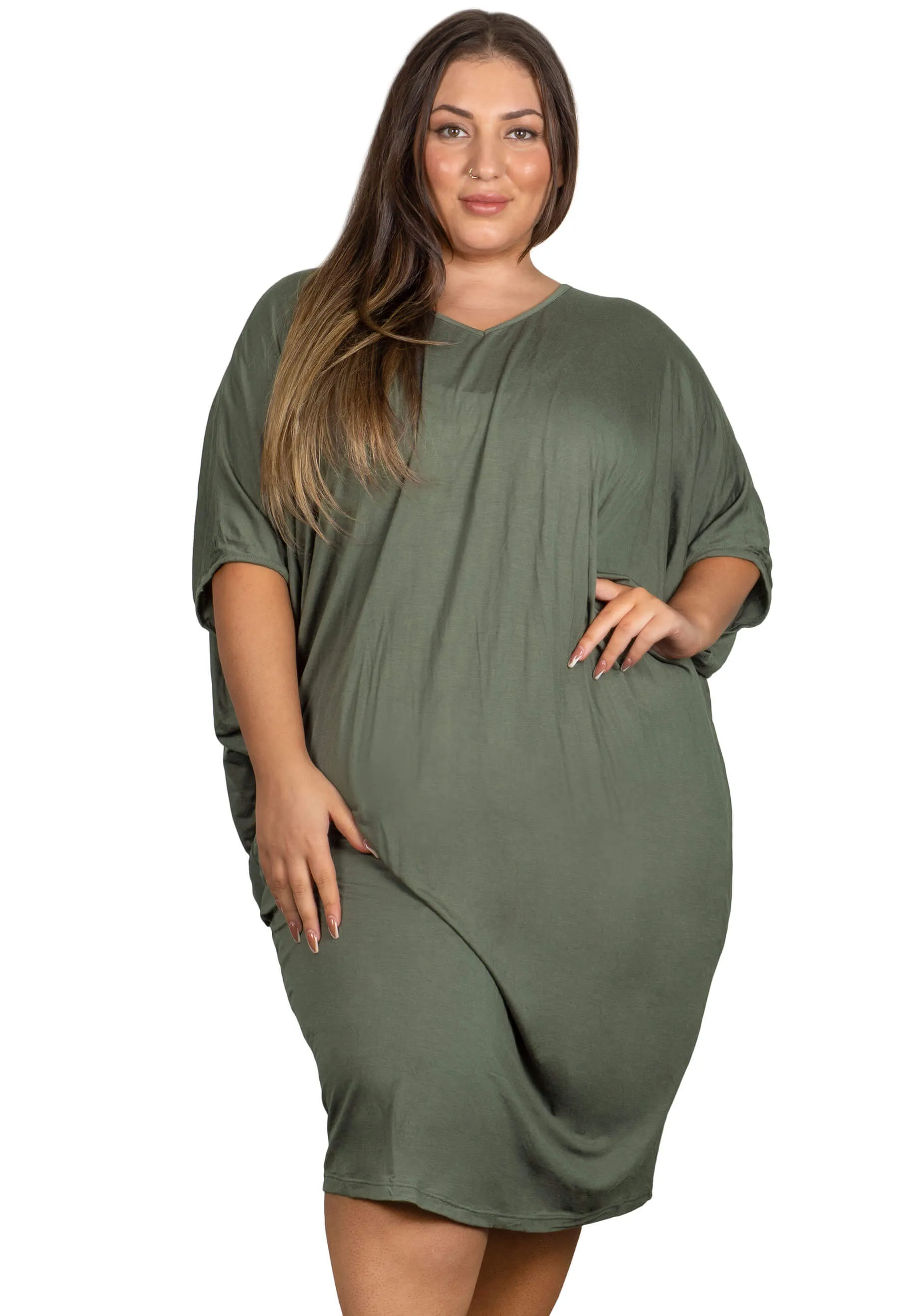 Plus Size Bamboo V Neck Draped Dress