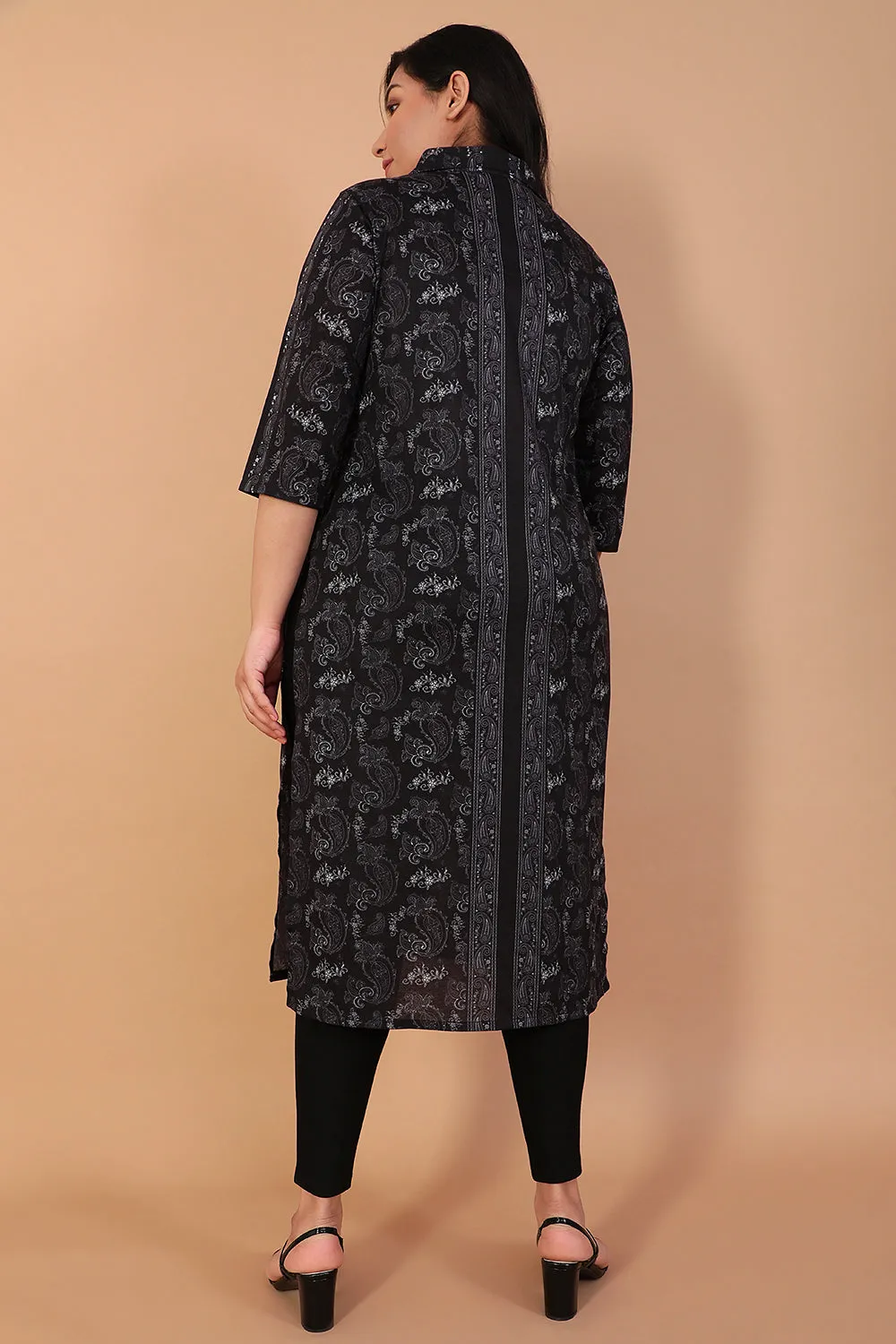 Plus Size Black Paisely Kurti in Collar Neck