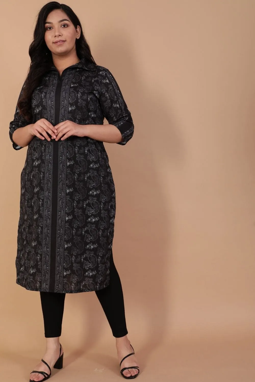 Plus Size Black Paisely Kurti in Collar Neck