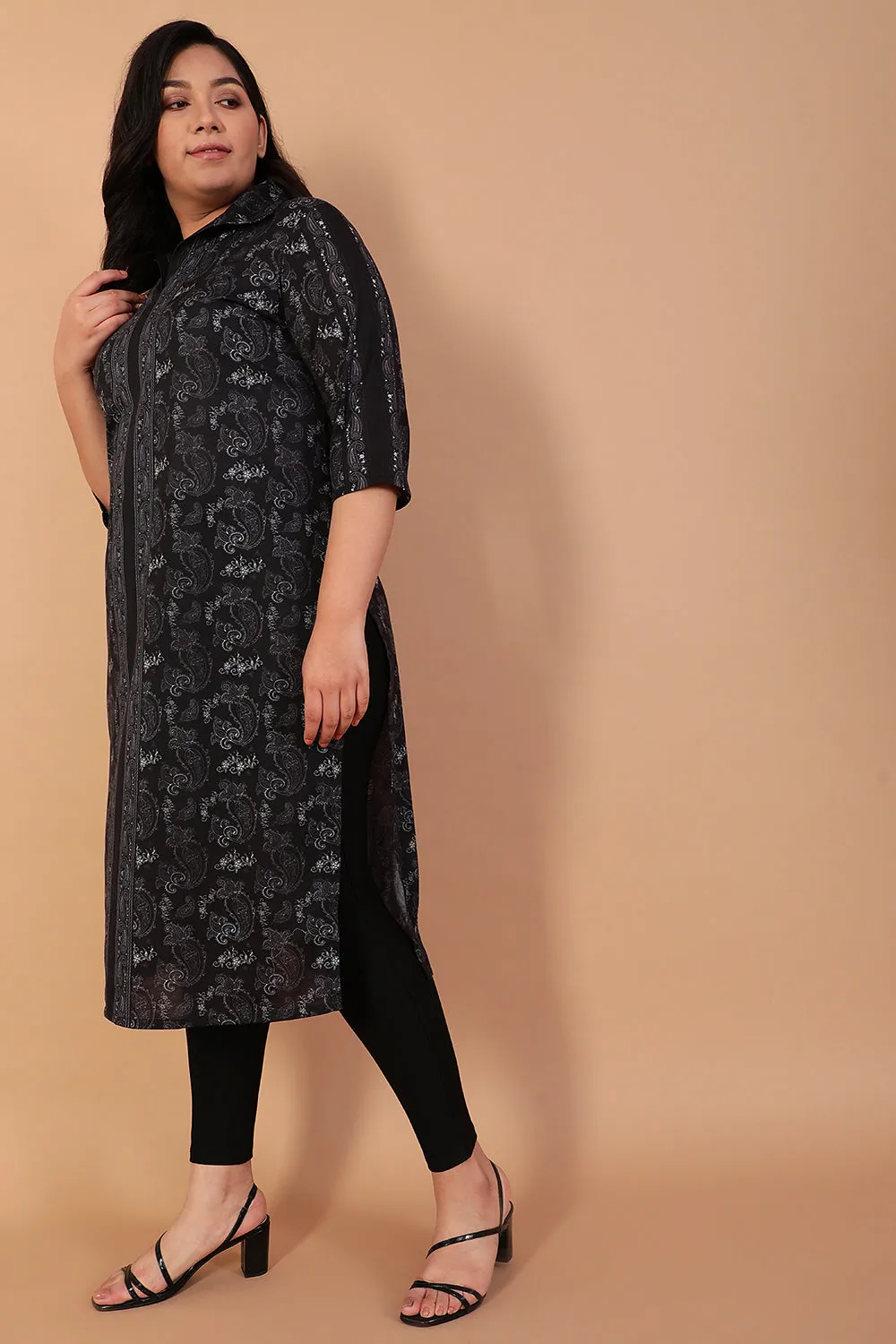 Plus Size Black Paisely Kurti in Collar Neck