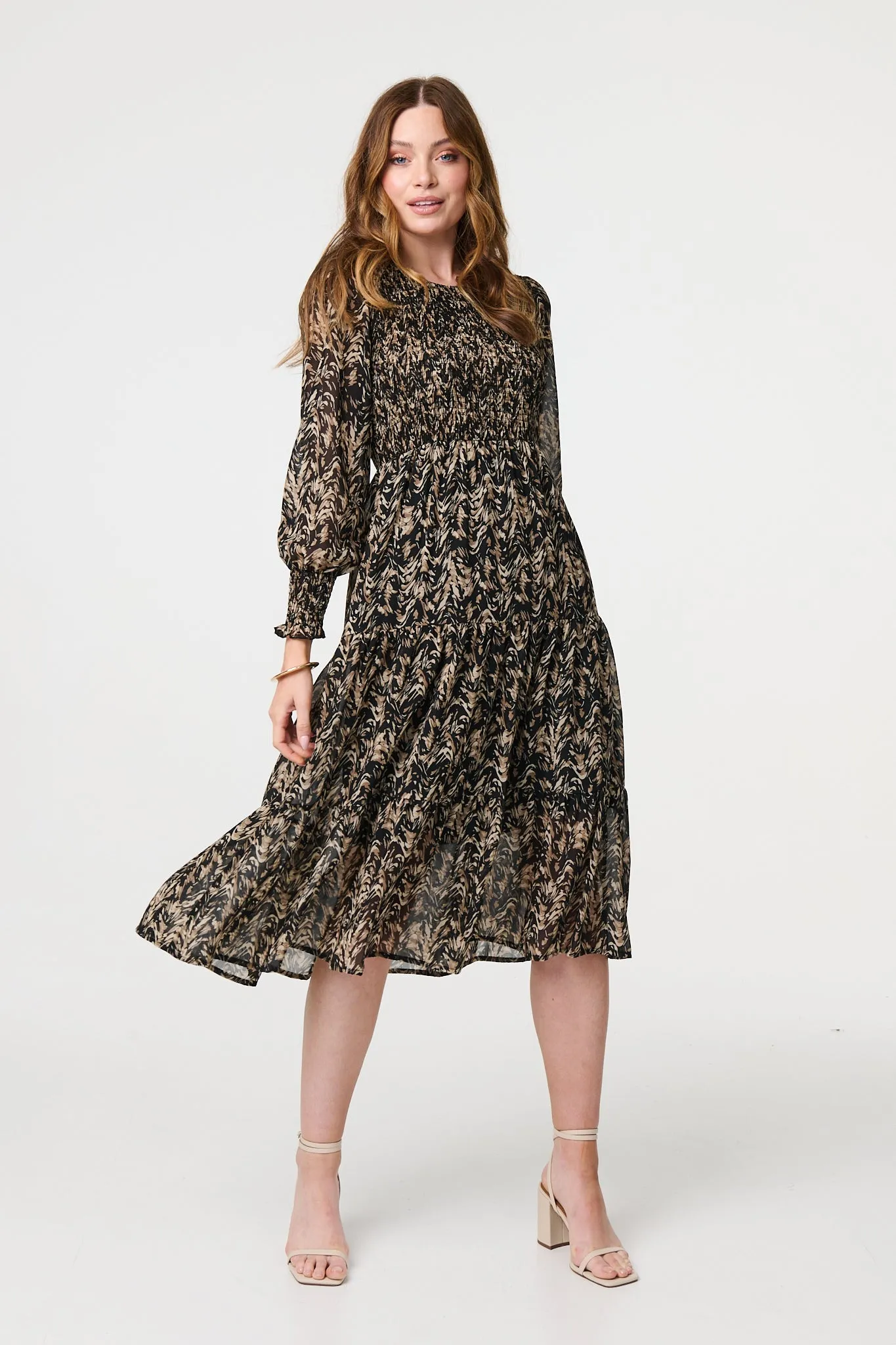 Printed Long Sleeve Semi Sheer Smock Midi Dress