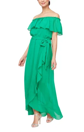 Regular - Off-the-Shoulder Chiffon Dress with Tie Waist & Tulip Overlay Skirt