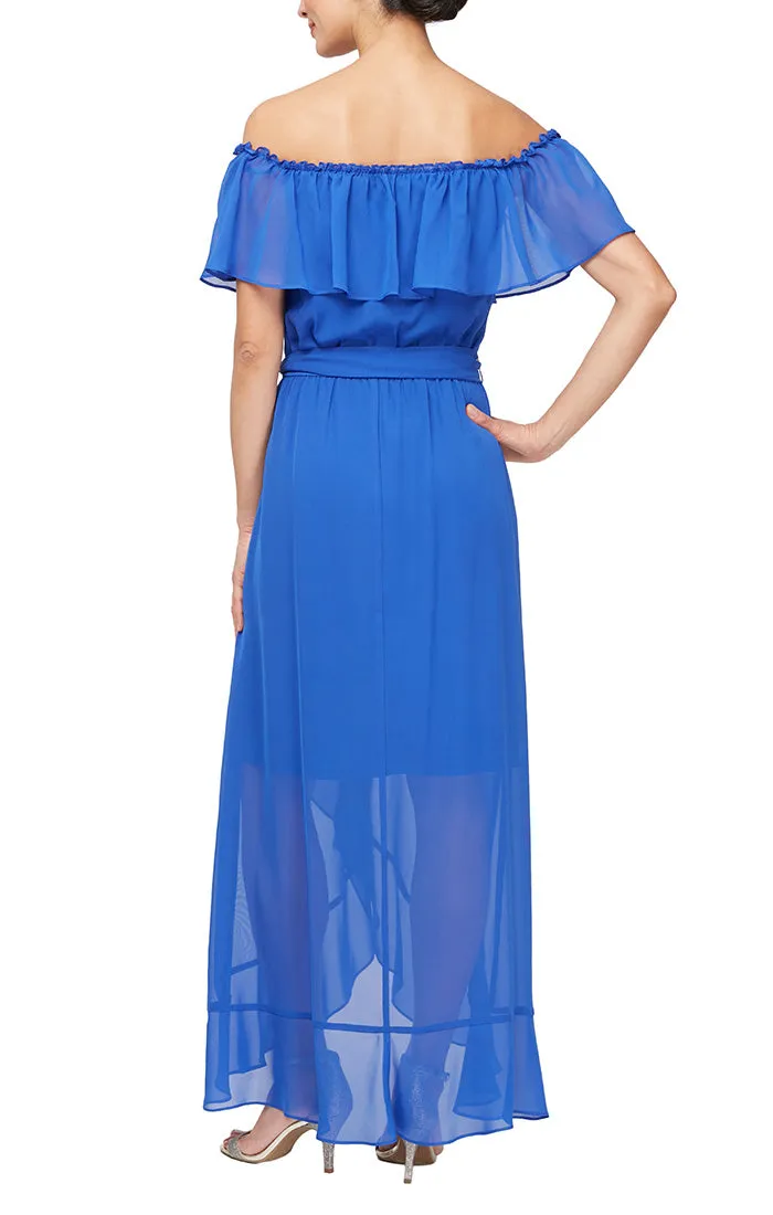 Regular - Off-the-Shoulder Chiffon Dress with Tie Waist & Tulip Overlay Skirt