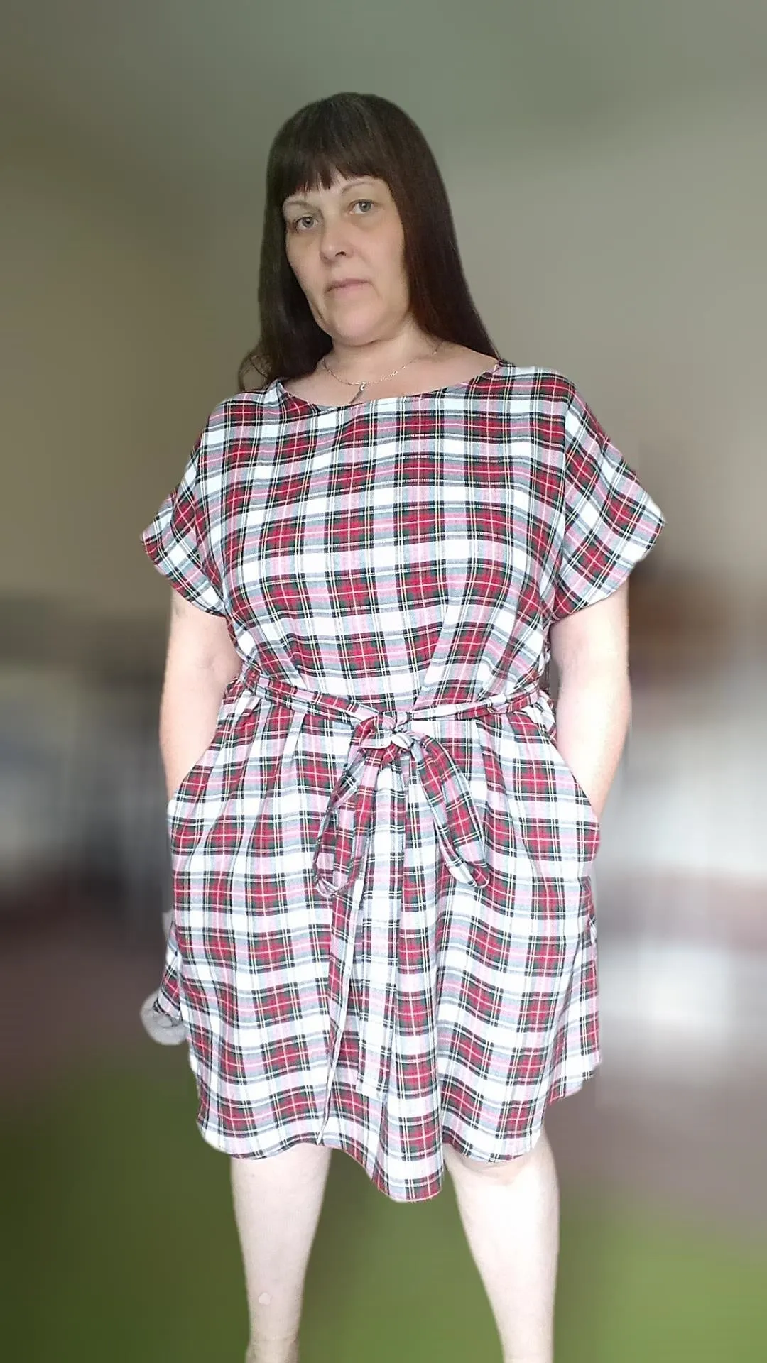 Relaxed Fit T Shirt Dress - White Tartan UK 16