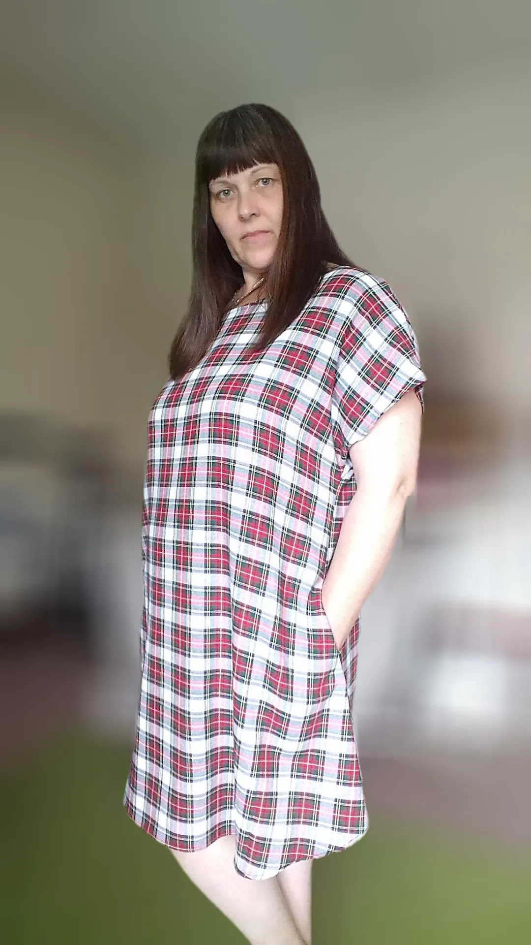 Relaxed Fit T Shirt Dress - White Tartan UK 16