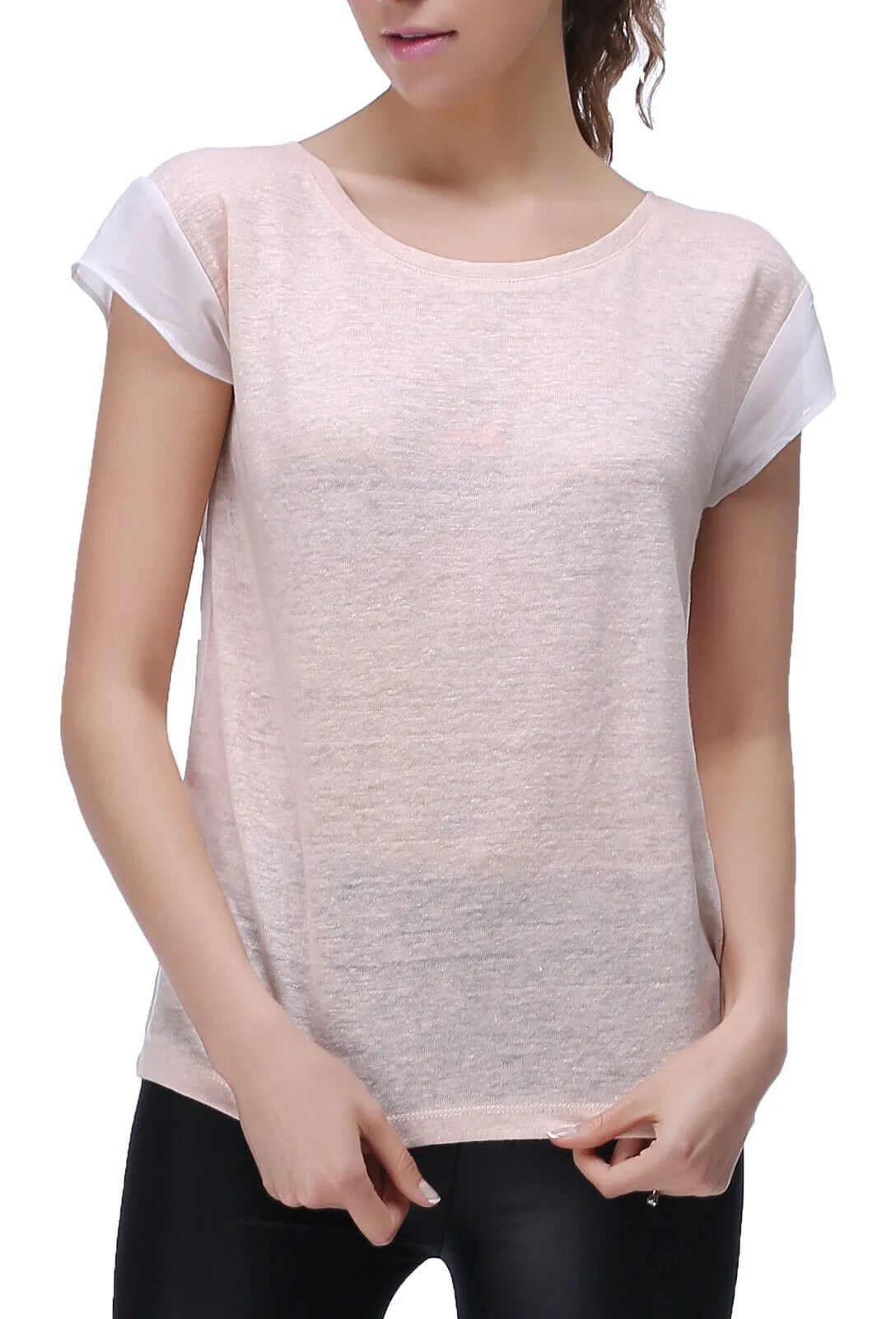 RH Women's Casual Linen T-Shirt w/ Chiffon Short Sleeve Tops Blouse Shirt RH2040