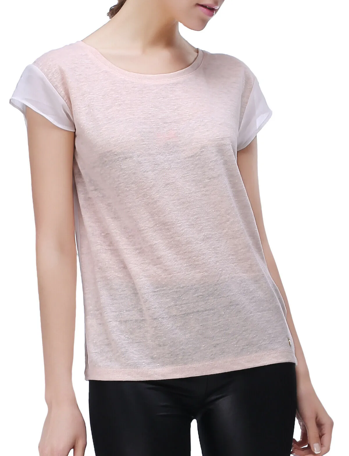 RH Women's Casual Linen T-Shirt w/ Chiffon Short Sleeve Tops Blouse Shirt RH2040