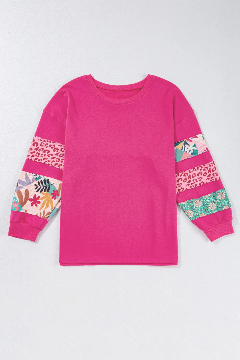 Rose Red Plus Size Printed Patchwork Sleeve Split Sweatshirt