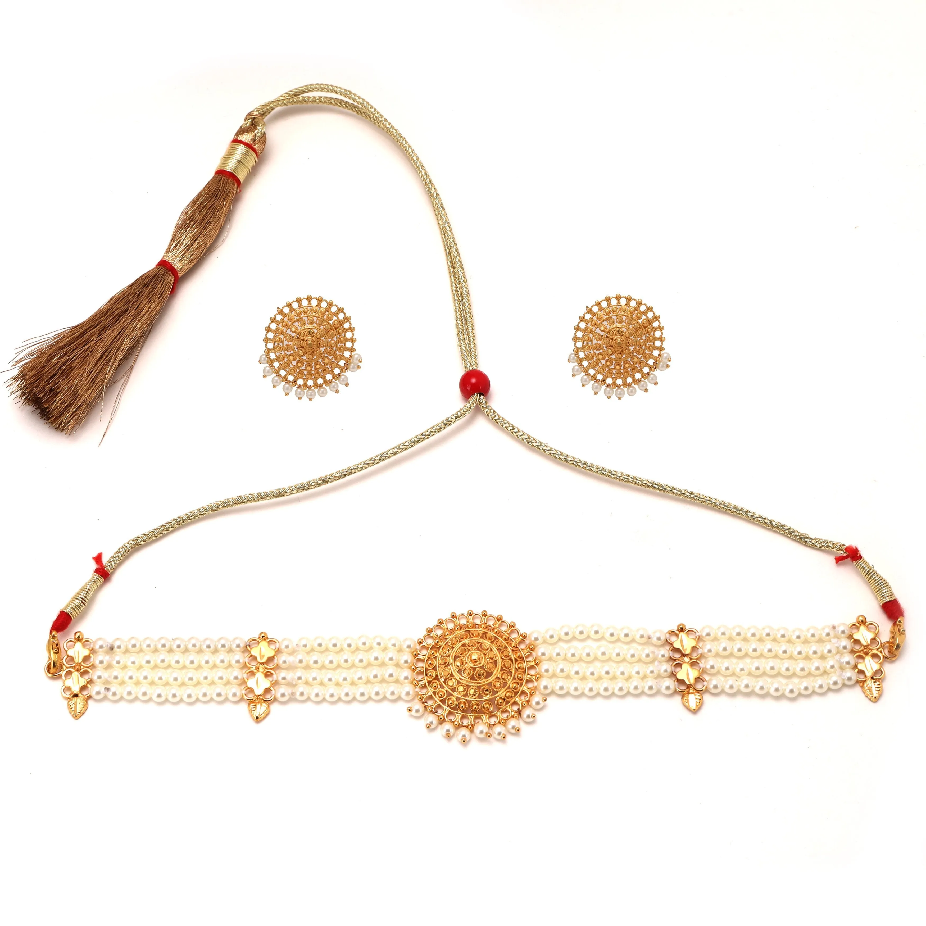 Round Motif White Beads Gold-plated Choker Set