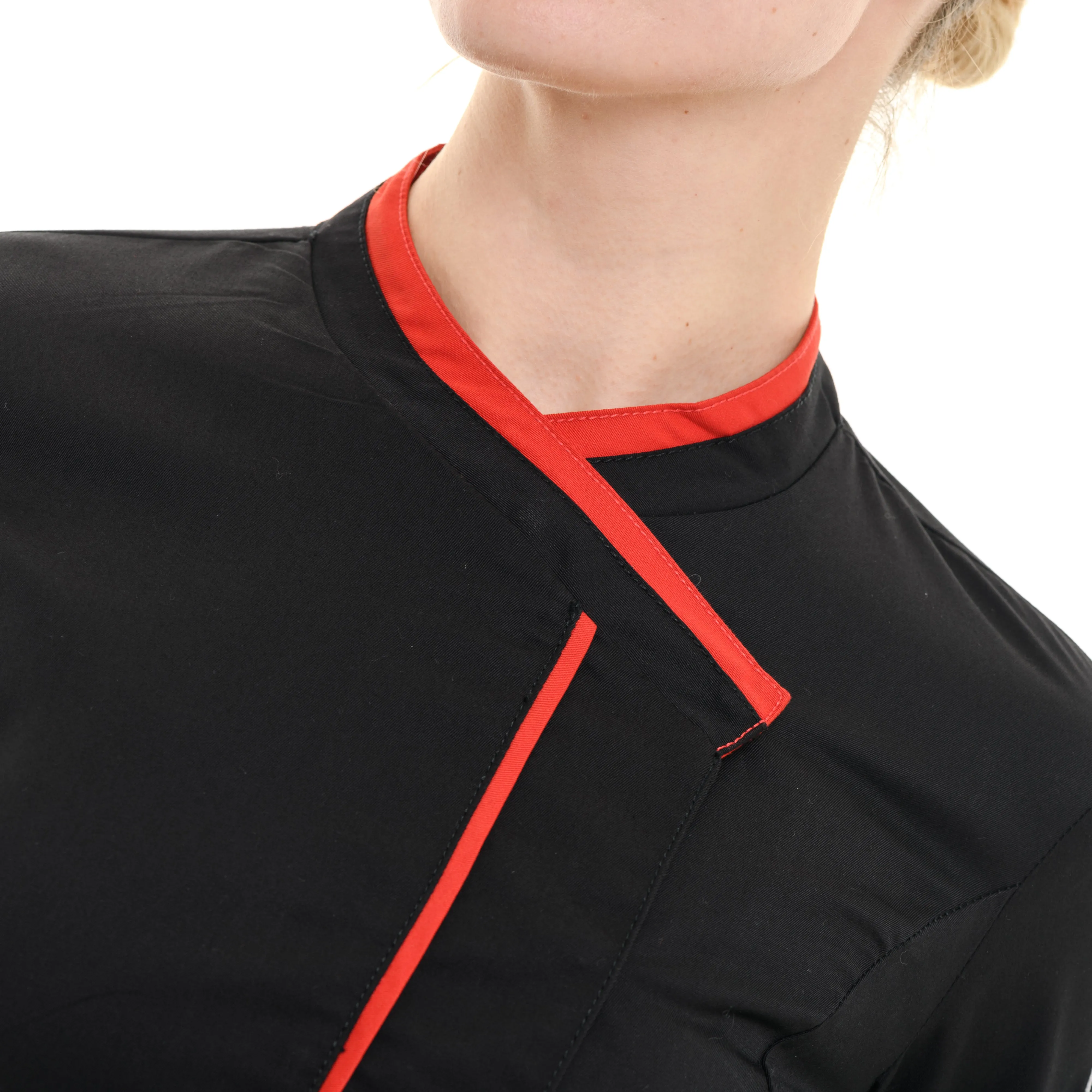 Saffron Women's Kitchen Coat Long Sleeve Black with Red Piping - LAFONT