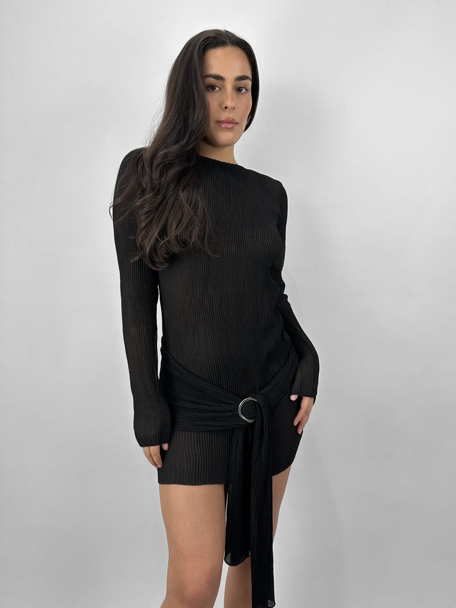 Sheer Plissé Belted Mini Dress