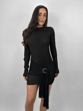 Sheer Plissé Belted Mini Dress