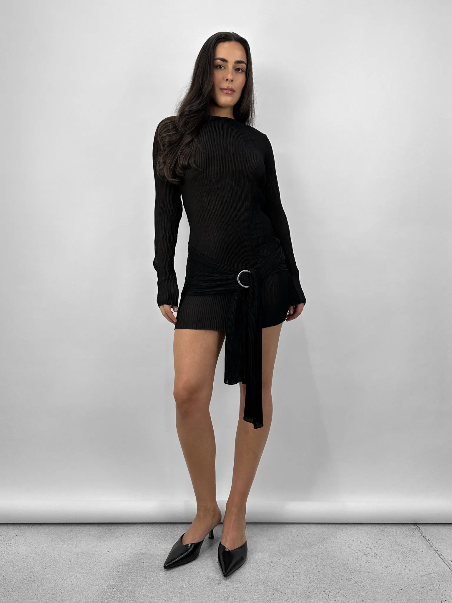 Sheer Plissé Belted Mini Dress