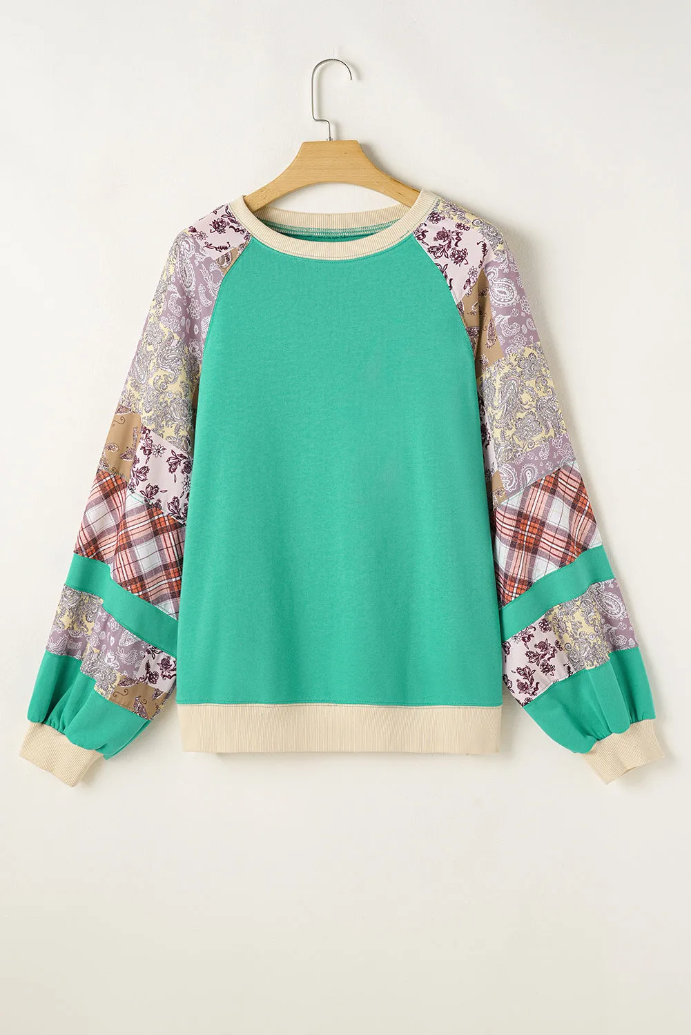 Sky Blue Plus Size Plaid Floral Patchwork Raglan Sleeve Sweatshirt