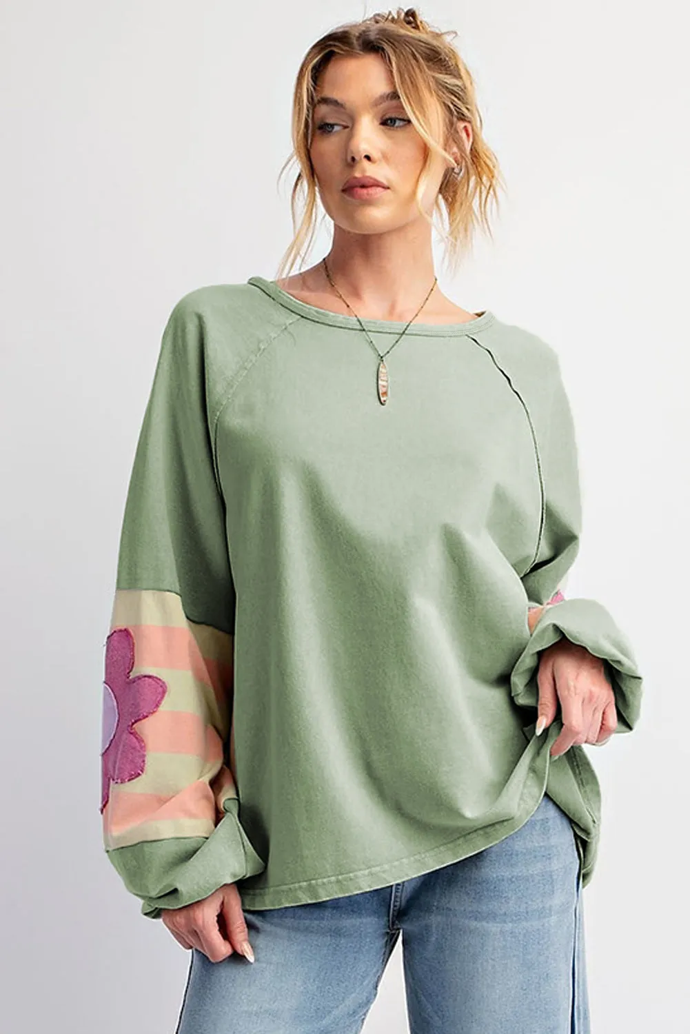 Smoke Green Flower Patchwork Raglan Sleeve Exposed Seam Oversized Top